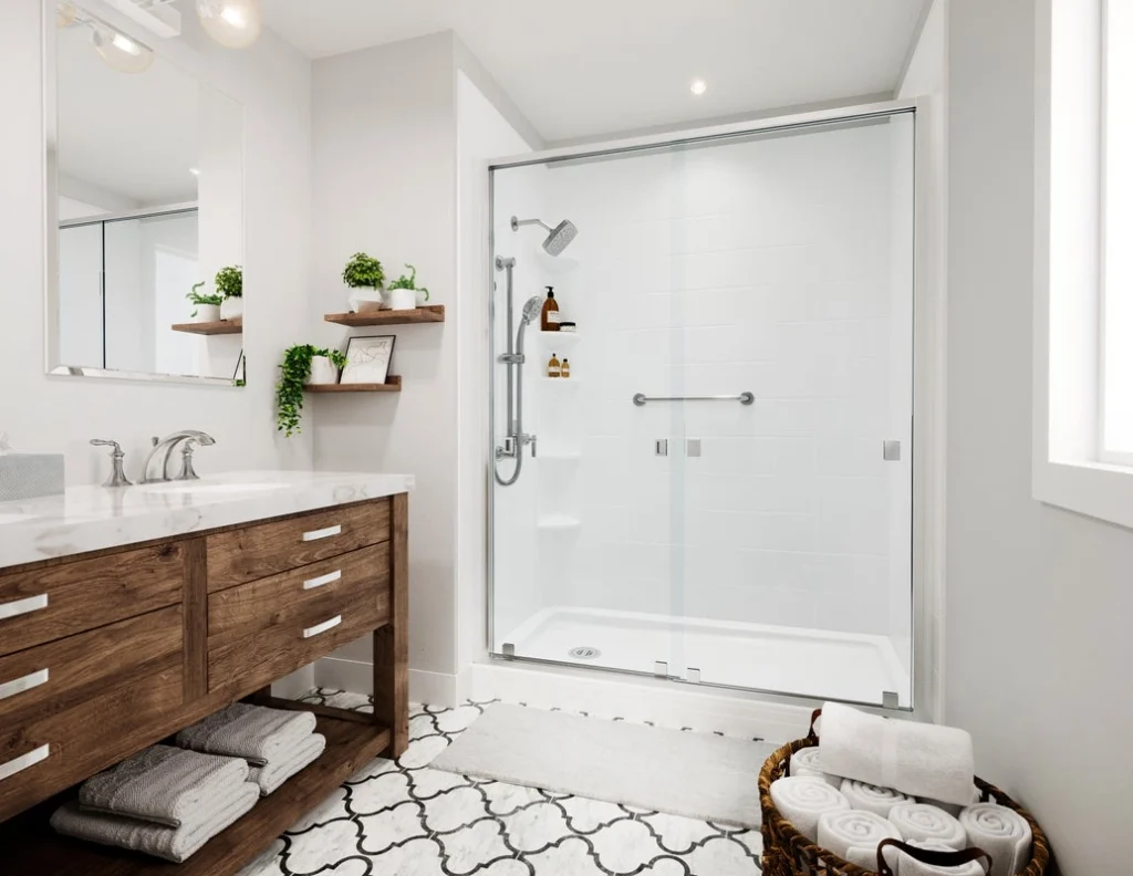 Modern bathroom remodel by Bath Fitter of Colorado & Southern Wyoming with a walk-in shower