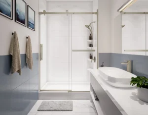 Modern bathroom featuring a custom white acrylic shower with sliding glass door, blue-gray tile walls, and brushed nickel fixtures