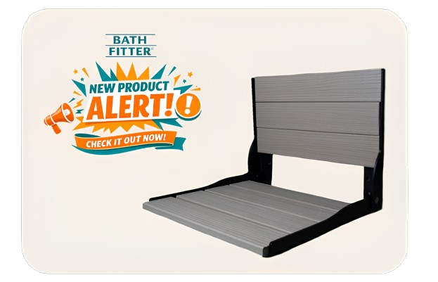 A Bath Fitter premium composite fold-up shower seat with powder-coated aluminum brackets and stainless-steel hardware, shown on a white background