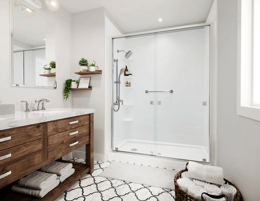 Lower-entry shower with shelving and handheld showerhead