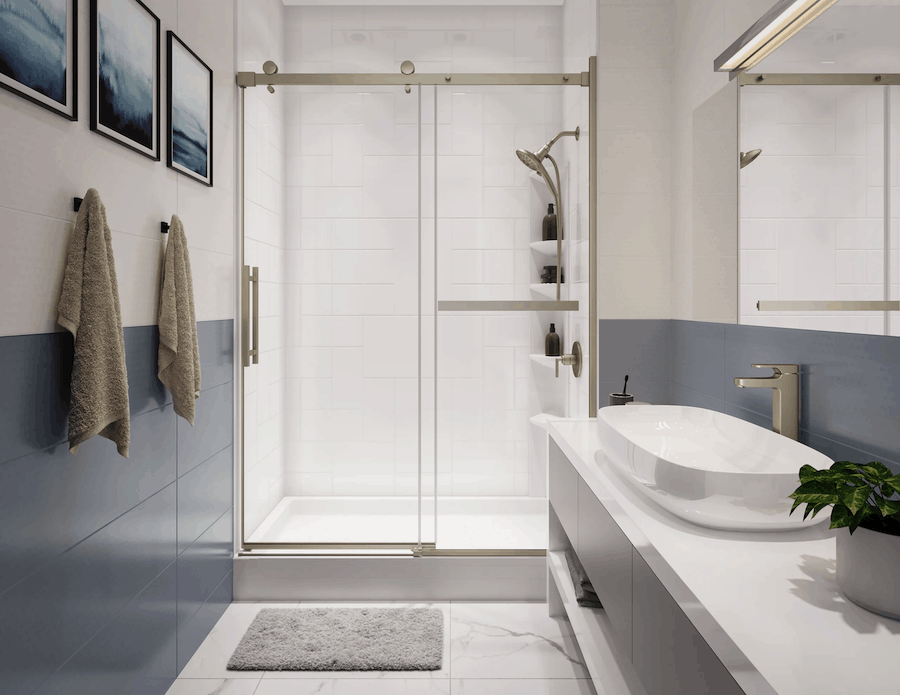Updated shower with modern fixtures and wall surround