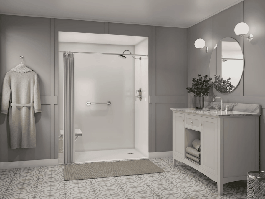 Updated bathing area with custom-fit walls and fixtures